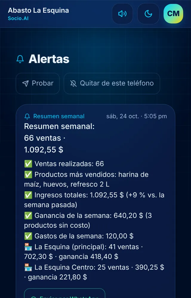 Pantalla real de Socio.AI: Avisos