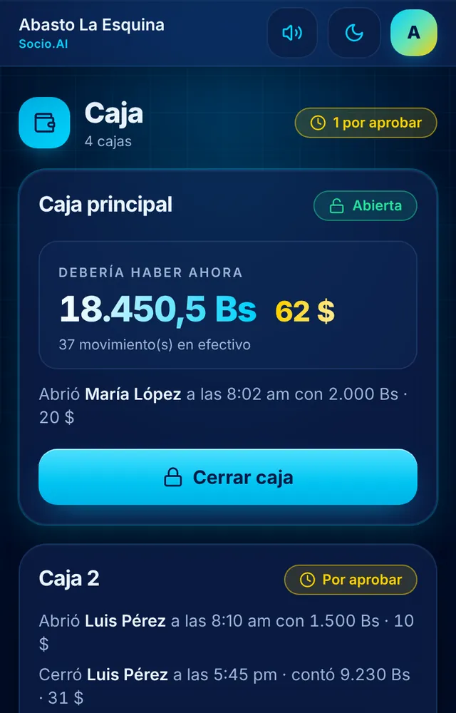 Pantalla real de Socio.AI: Caja