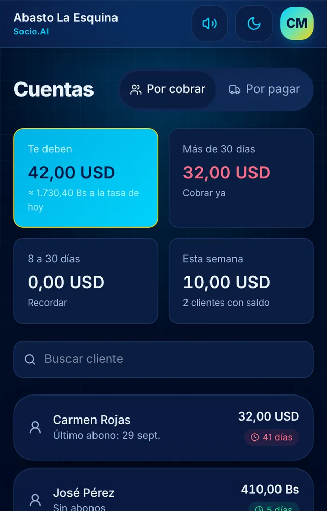 Pantalla real de Socio.AI: Fiado