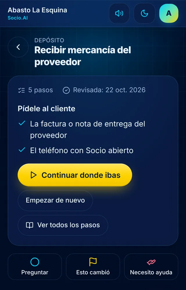 Pantalla real de Socio.AI: Guías