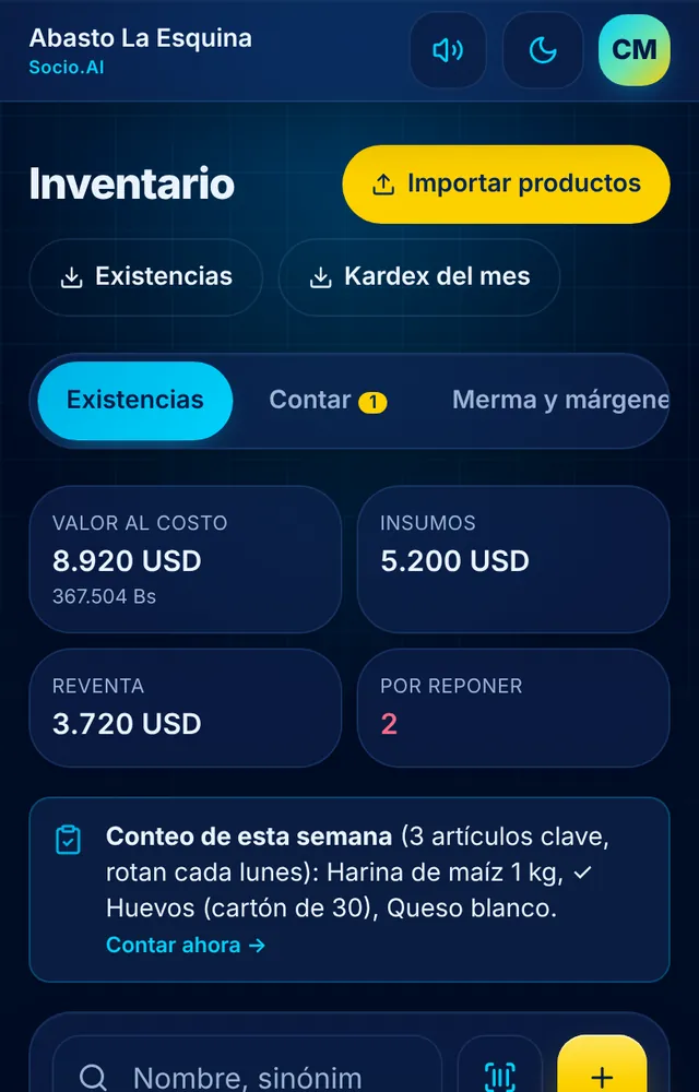 Pantalla real de Socio.AI: Inventario