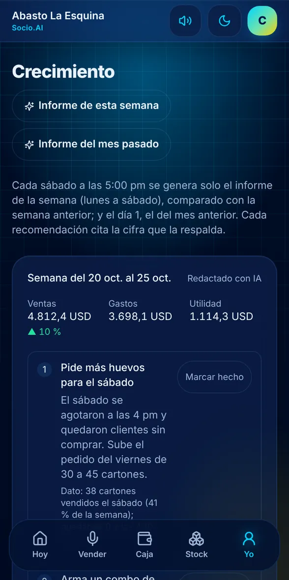 Pantalla real de Socio.AI: el informe de la semana con 3 recomendaciones