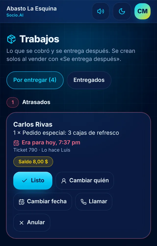 Pantalla real de Socio.AI: Encargos