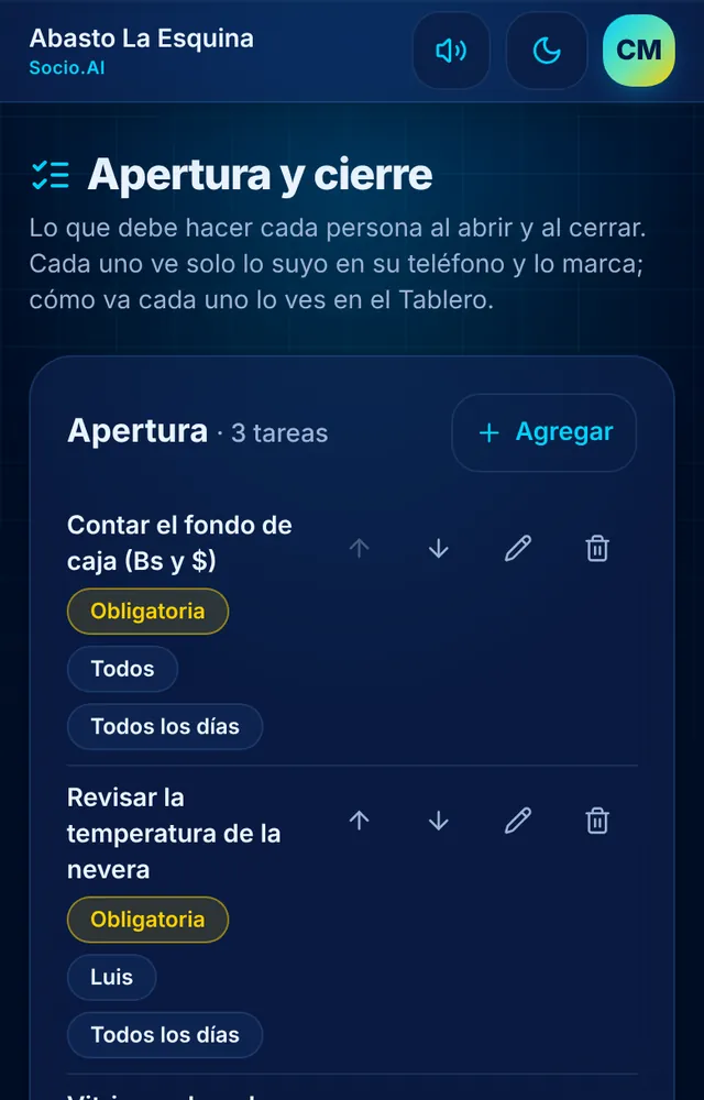 Pantalla real de Socio.AI: Equipo