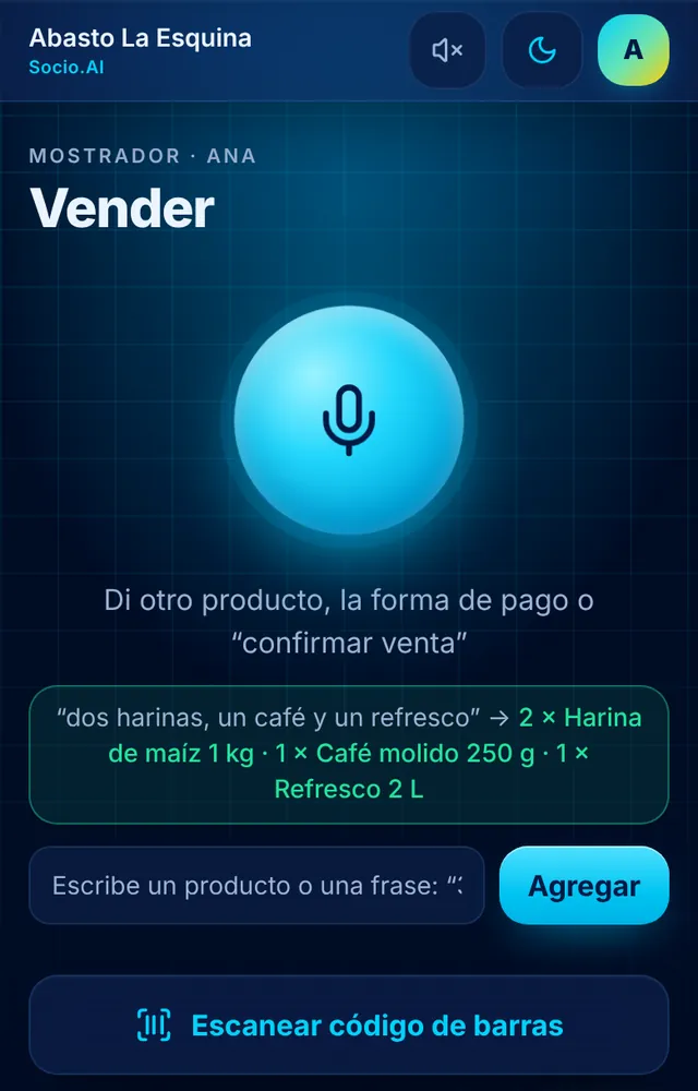 Pantalla real de Socio.AI: Mostrador